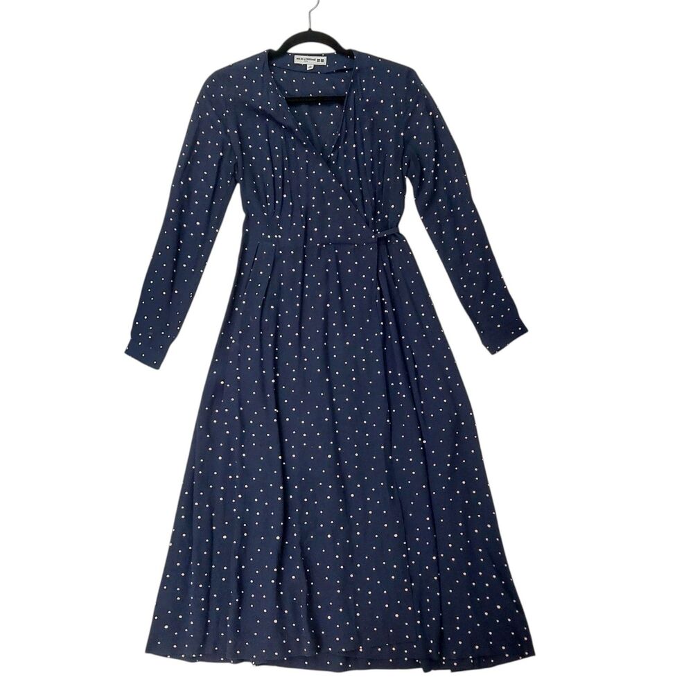 Ines de la Fressange x Uniqlo Womens XS Navy Polka Dot Pleated Wrap Midi Dress